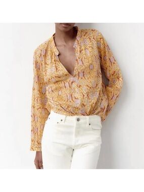Zara Yellow Printed V-Neck Long-Sleeve Blouse Size Small